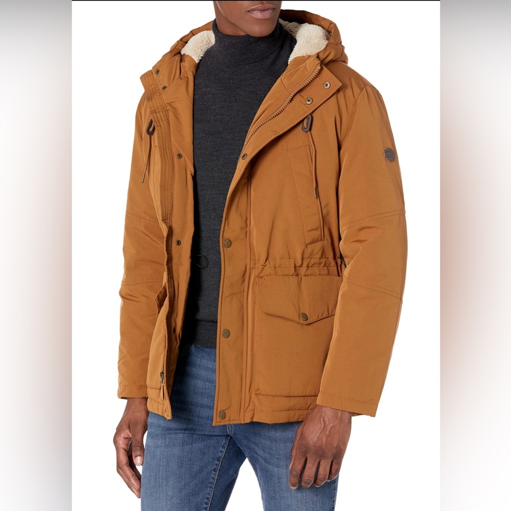 Size L LONDON FOG Men's Faux Sherpa Lined Parka Tobacco